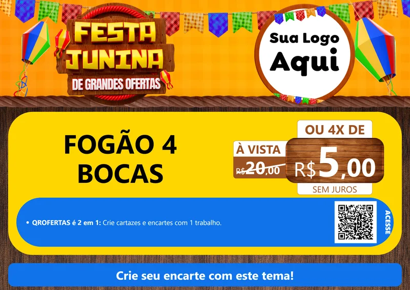 Modelo de Cartaz para Cartaz A4 Horizontal com o tema Festa Junina de Grandes Ofertas para Móveis e Eletro