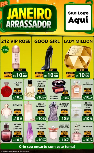 Modelo de Encarte para Encarte Grande com o tema Janeiro Arrasador para Perfumes