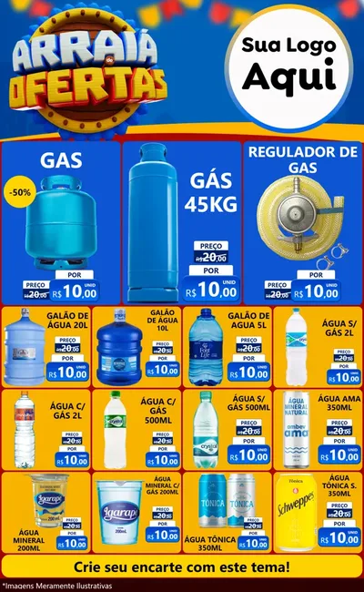 Modelo de Encarte para Encarte Grande com o tema Arraiá de Ofertas - Junina para Água e gás