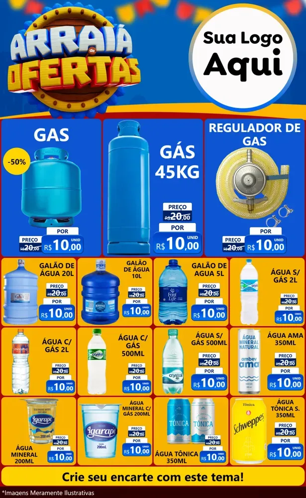 Modelo de Encarte para Encarte Grande com o tema Arraiá de Ofertas - Junina para Água e gás