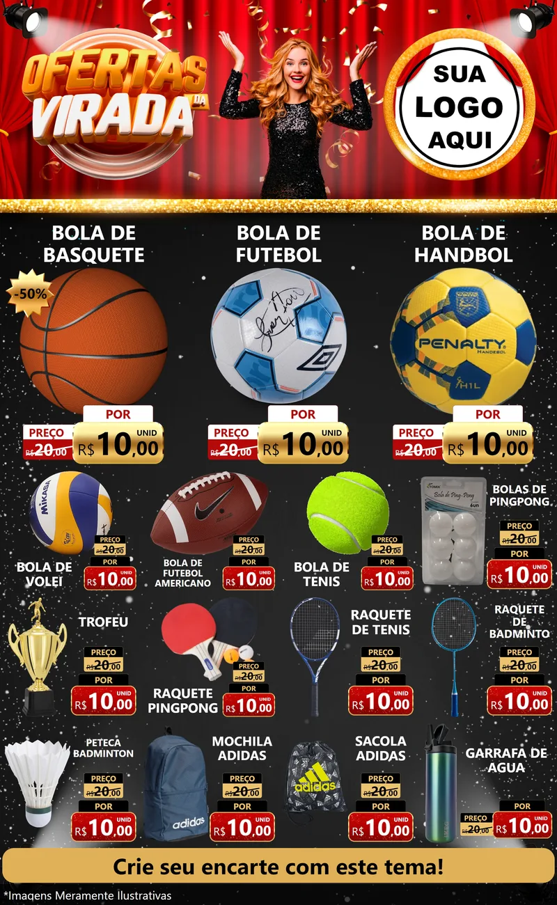 Modelo de Encarte para Encarte Grande com o tema Ofertas da Virada para Artigos Esportivos