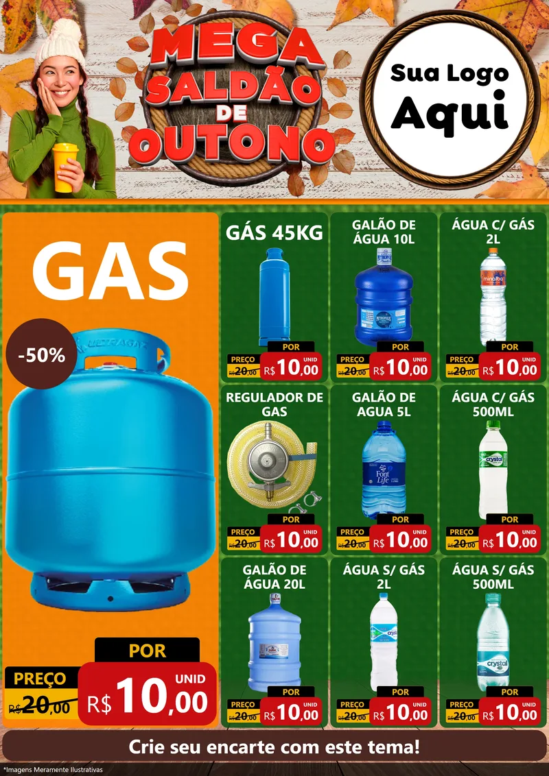 Modelo de Encarte para Encarte A4 Vertical com o tema Mega Saldão de Outono para Água e gás