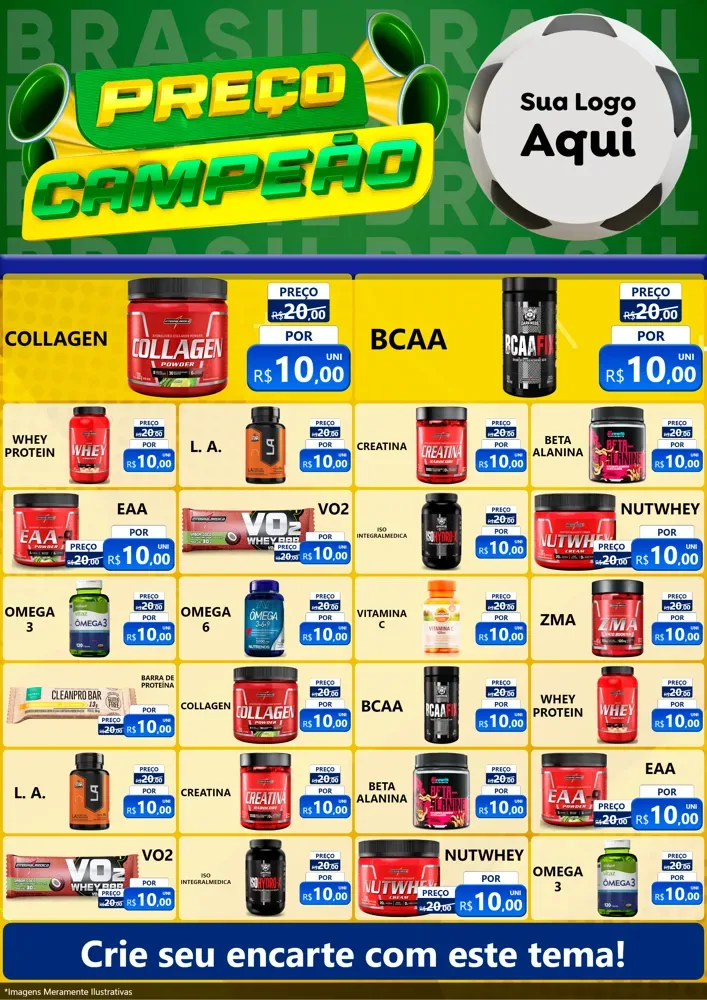 Modelo de Encarte para Encarte A4 Vertical com o tema Preço Campeão - Copa para Suplementos alimentares