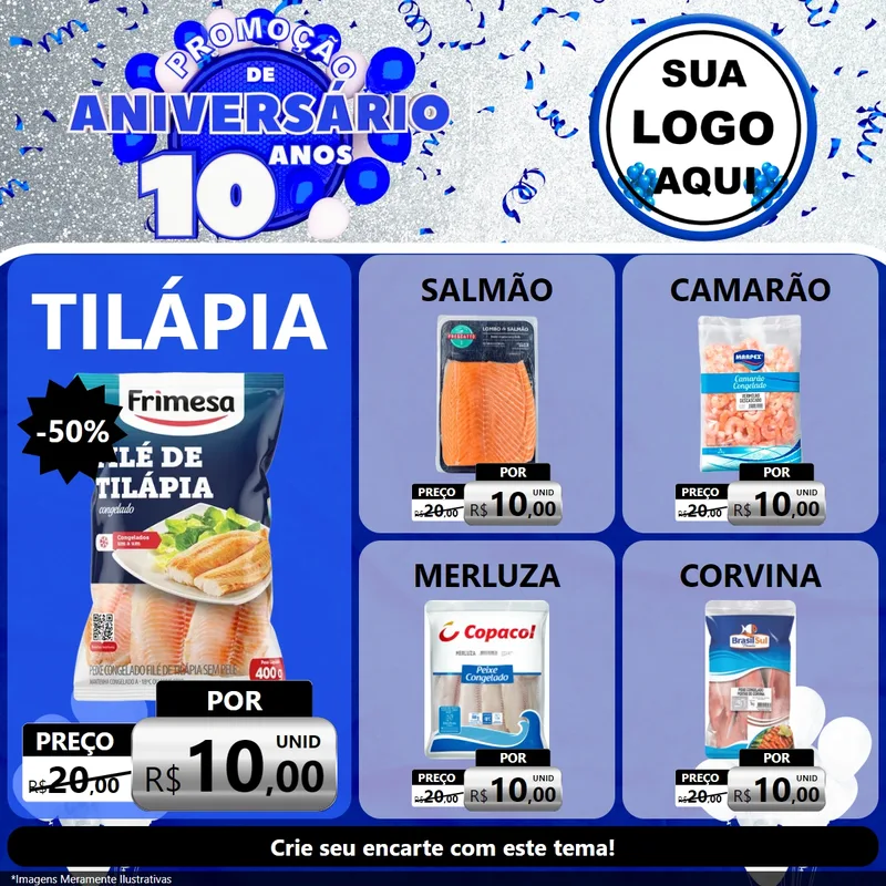 Modelo de Rede Social para Feed Facebook com o tema Promoção de Aniversário - 10 Anos para Peixaria