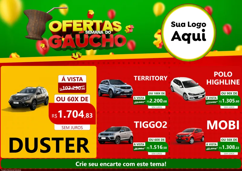 Modelo de Encarte para Encarte A4 Horizontal com o tema Ofertas Semana Do Gaúcho para Concessionaria de Carros