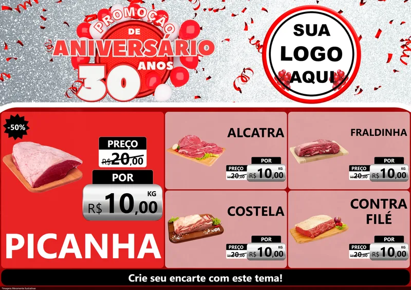 Modelo de Encarte para Encarte A4 Horizontal com o tema Promoção de Aniversário - 30 Anos para Açougue