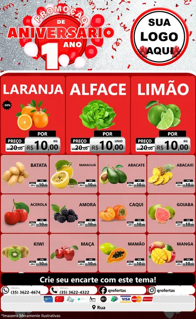 Modelo de Encarte para Encarte Grande com o tema Promoção de Aniversário - 1 Ano para Hortifrúti
