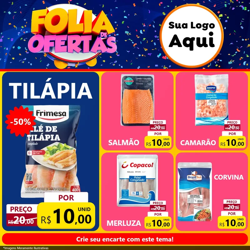 Modelo de Rede Social para Feed Facebook com o tema Folia de Ofertas para Peixaria