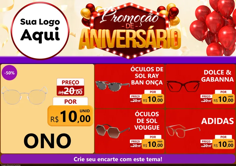 Modelo de Encarte para Encarte A4 Horizontal com o tema Promoção de Aniversário para Óticas