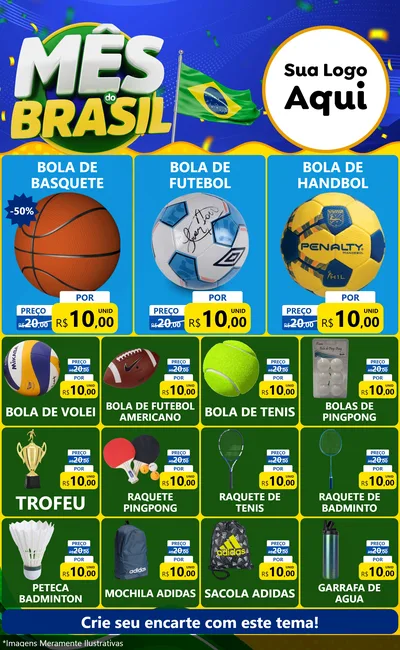 Modelo de Encarte para Encarte Grande com o tema Mês do Brasil para Artigos Esportivos