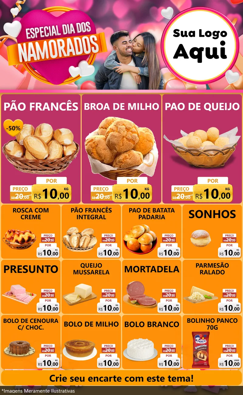 Modelo de Encarte para Encarte Grande com o tema Especial Dia dos Namorados para Padaria