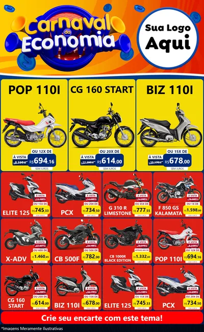 Modelo de Encarte para Encarte Grande com o tema Carnaval da Economia para Concessionaria de Motos