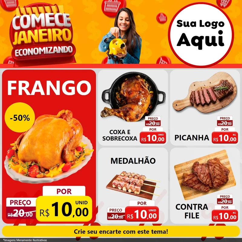 Modelo de Rede Social para Feed Facebook com o tema Comece Janeiro Economizando para Assados