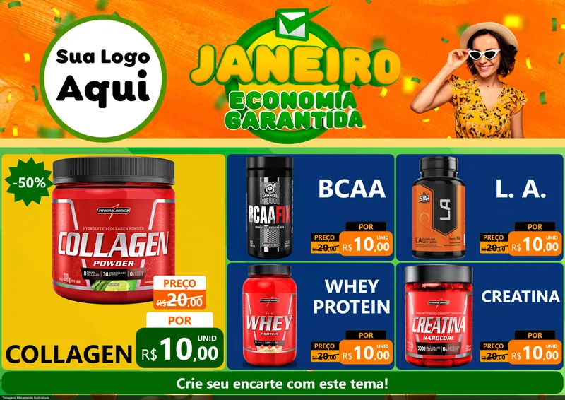 Modelo de Encarte para Encarte A4 Horizontal com o tema Janeiro - Economia Garantida para Suplementos alimentares
