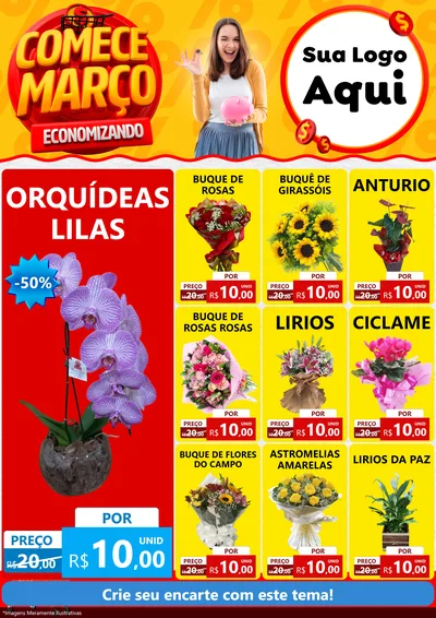 Modelo de Encarte para Encarte A4 Vertical com o tema Comece Março Economizando para Floricultura e jardim