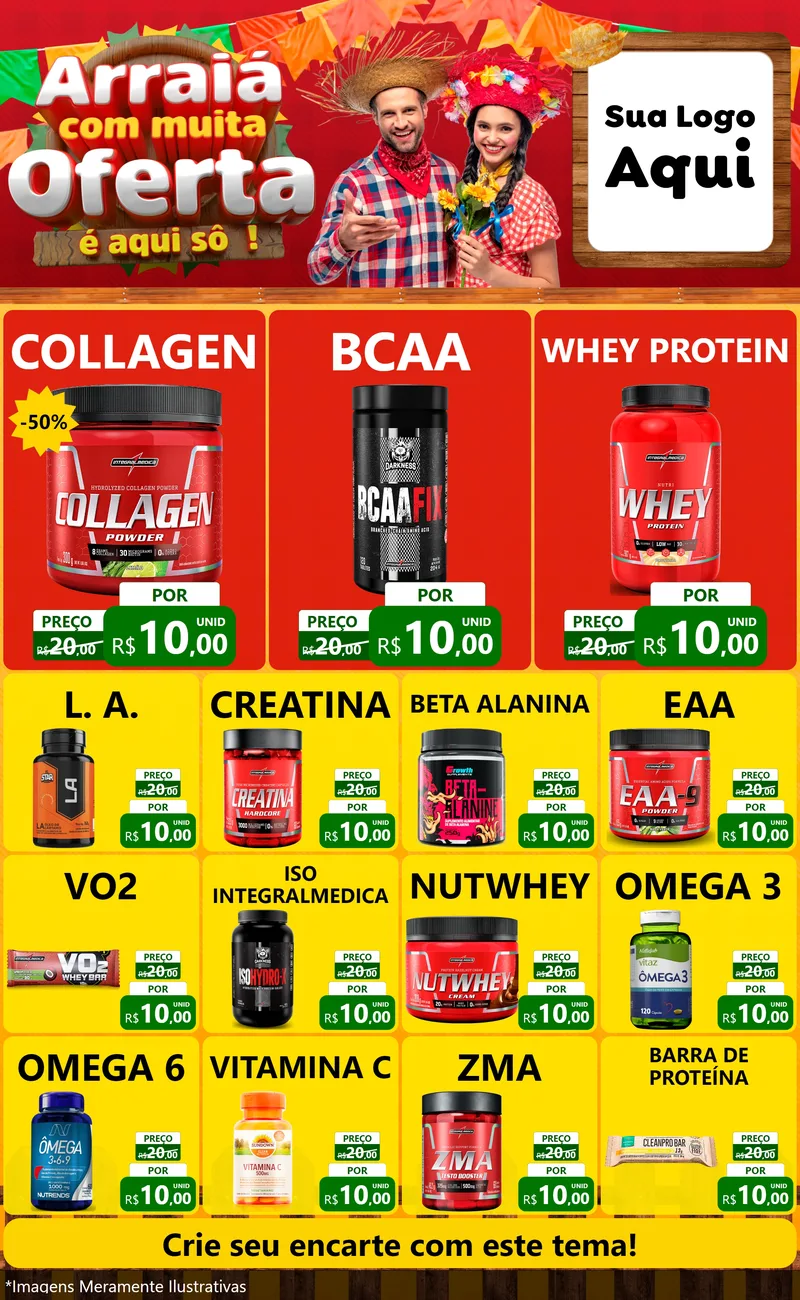 Modelo de Encarte para Encarte Grande com o tema Arraiá Com Muita Oferta - É Aqui Sô! para Suplementos alimentares