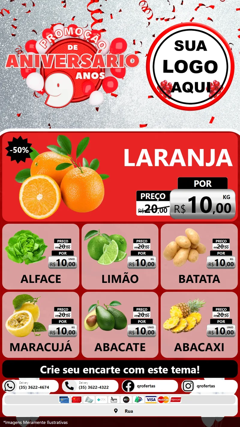 Modelo de Rede Social para Stories com o tema Promoção de Aniversário - 9 Anos para Hortifrúti
