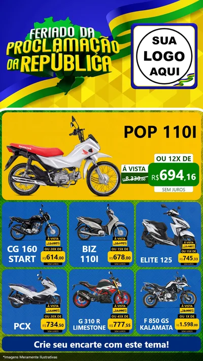 Modelo de Rede Social para Stories com o tema Feriado da Proclamação da República para Concessionaria de Motos