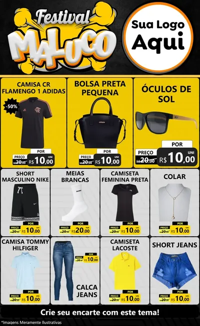 Modelo de Encarte para Encarte Grande com o tema Festival Maluco para Roupas e acessórios