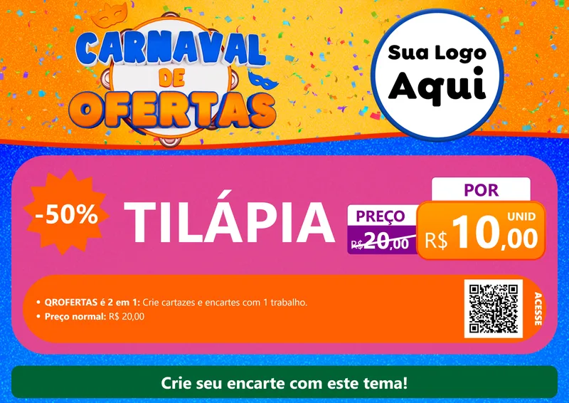 Modelo de Cartaz para Cartaz A4 Horizontal com o tema Carnaval de Ofertas para Peixaria