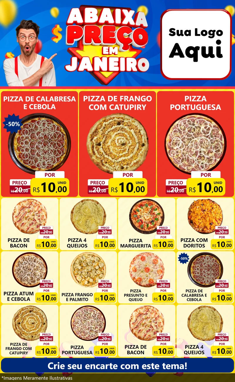 Modelo de Encarte para Encarte Grande com o tema Abaixa Preço em Janeiro para Pizzaria