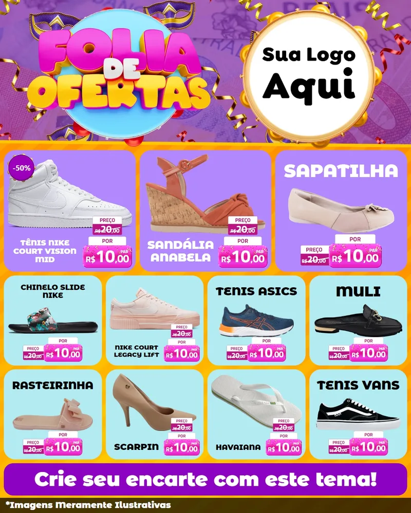 Modelo de Rede Social para Feed Instagram com o tema Folia de Ofertas para Calçados