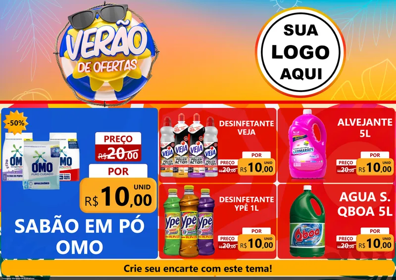 Modelo de Encarte para Encarte A4 Horizontal com o tema Verão de Ofertas para Produtos de Limpeza