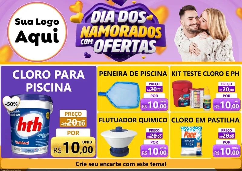 Modelo de Encarte para Encarte A4 Horizontal com o tema Dia Dos Namorados Com Ofertas para Produtos para Piscina