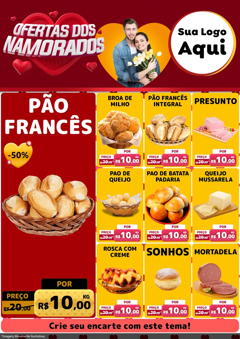 Modelo de Encarte para Encarte A4 Vertical com o tema Ofertas Dos Namorados para Padaria
