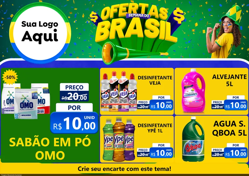 Modelo de Encarte para Encarte A4 Horizontal com o tema Ofertas Semana do Brasil para Produtos de Limpeza