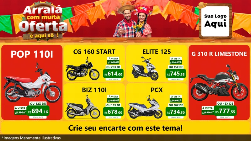 Modelo de TV para TV Horizontal com o tema Arraiá Com Muita Oferta - É Aqui Sô! para Concessionaria de Motos
