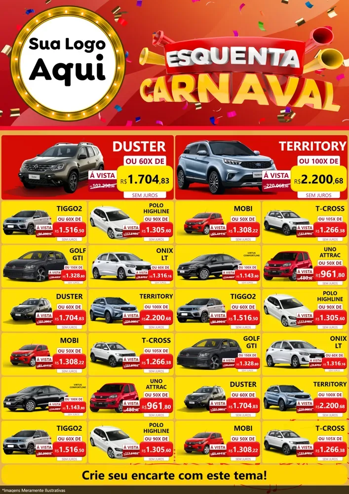 Modelo de Encarte para Encarte A4 Vertical com o tema Esquenta Carnaval para Concessionaria de Carros