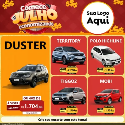 Modelo de Rede Social para Feed Facebook com o tema Comece Julho Economizando para Concessionaria de Carros