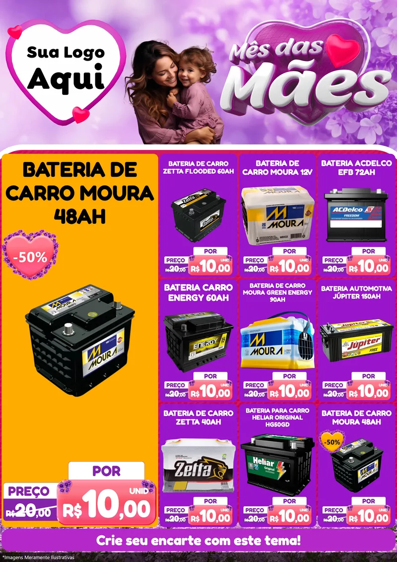 Modelo de Encarte para Encarte A4 Vertical com o tema Mês das Mães para Baterias Elétricas