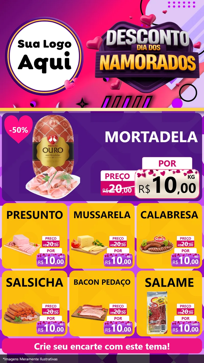 Modelo de Rede Social para Stories com o tema Desconto Dia dos Namorados para Frios e Laticínios