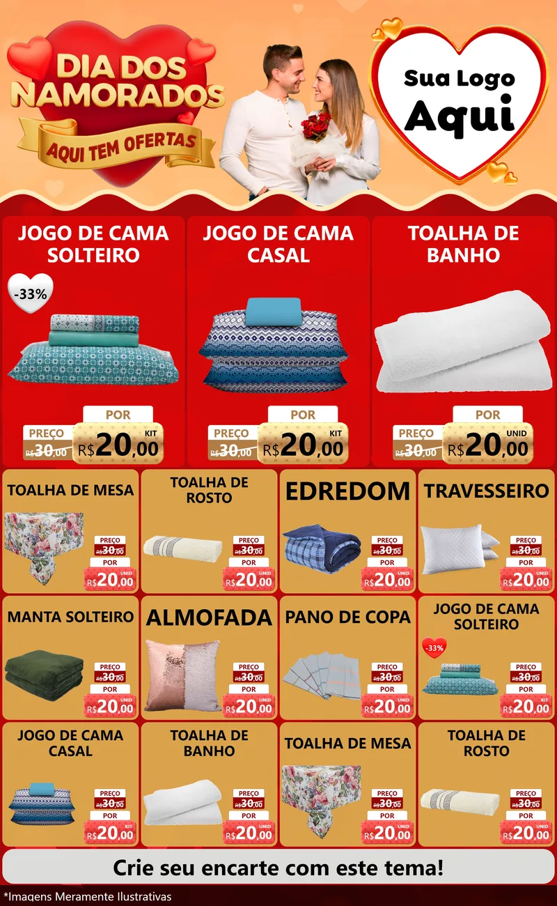 Modelo de Encarte para Encarte Grande com o tema Dia dos Namorados - Aqui Tem Ofertas para Cama, Mesa e Banho