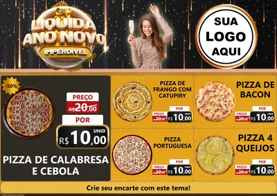 Modelo de Encarte para Encarte A4 Horizontal com o tema Liquida Ano Novo Imperdível para Pizzaria
