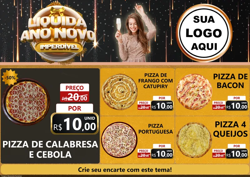 Modelo de Encarte para Encarte A4 Horizontal com o tema Liquida Ano Novo Imperdível para Pizzaria