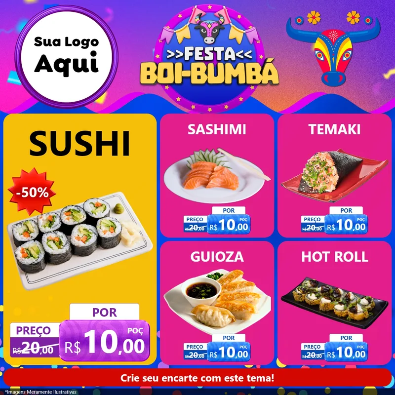 Modelo de Rede Social para Feed Facebook com o tema Festa Boi-Bumbá para Comida japonesa