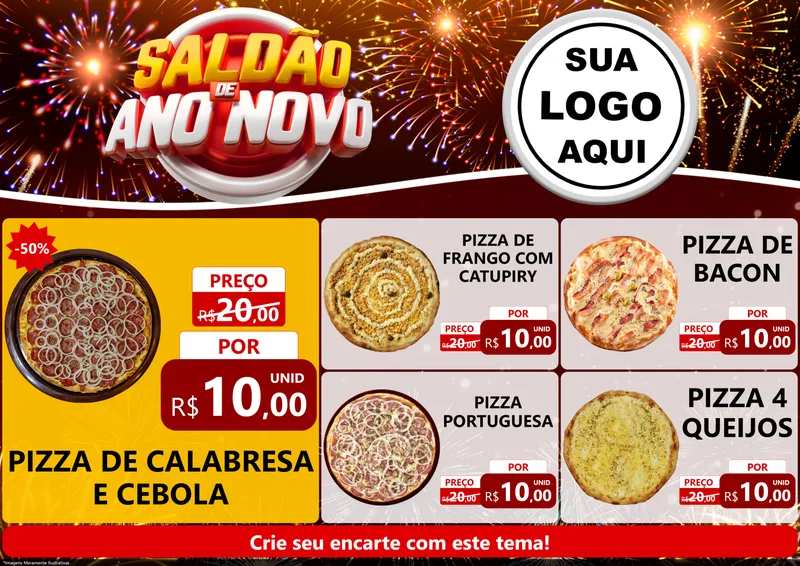 Modelo de Encarte para Encarte A4 Horizontal com o tema Saldão de Ano Novo para Pizzaria