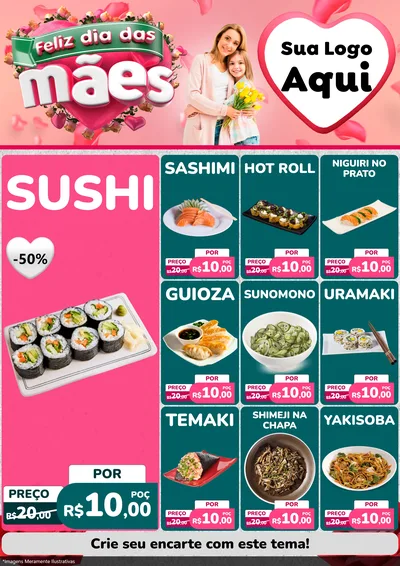 Modelo de Encarte para Encarte A4 Vertical com o tema Feliz Dia das Mães para Comida japonesa