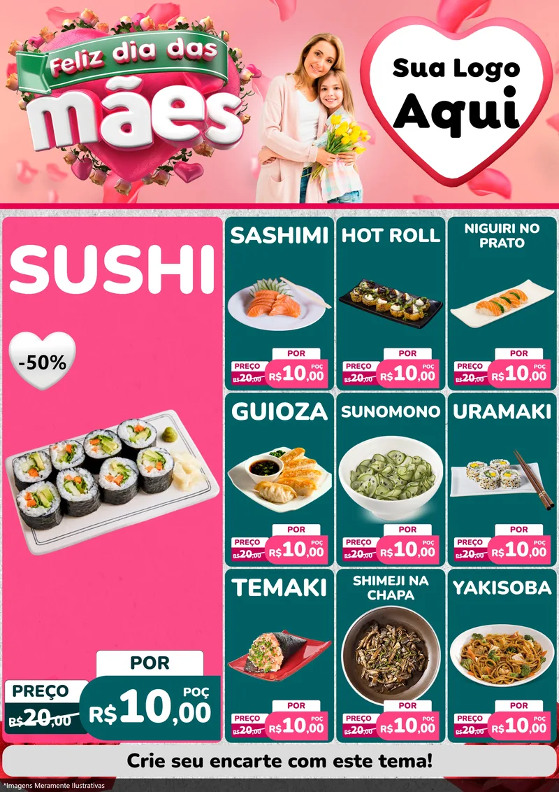 Modelo de Encarte para Encarte A4 Vertical com o tema Feliz Dia das Mães para Comida japonesa