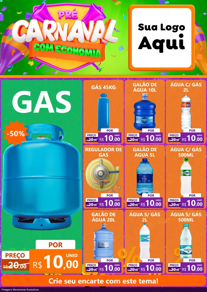 Modelo de Encarte para Encarte A4 Vertical com o tema Pré-Carnaval Com Economia para Água e gás