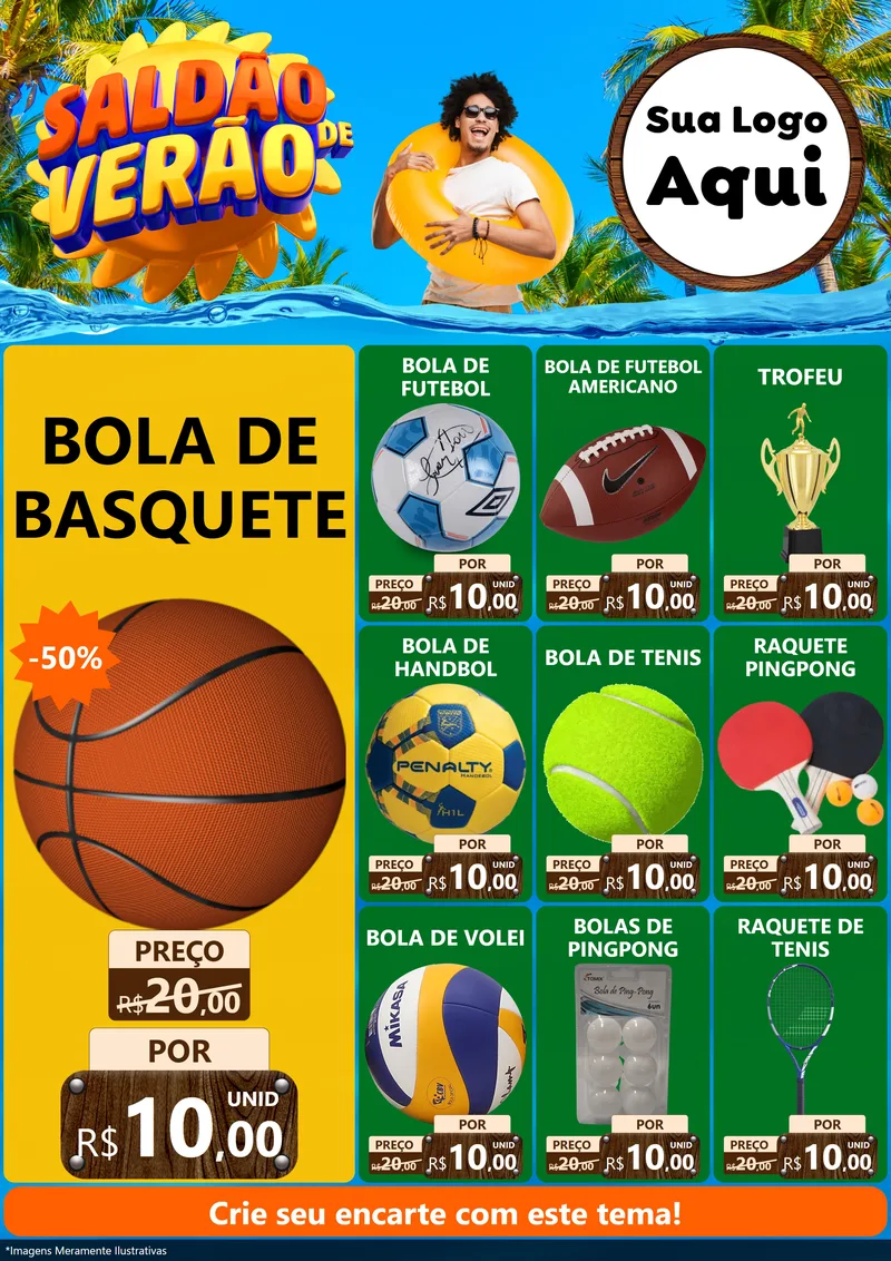 Modelo de Encarte para Encarte A4 Vertical com o tema Saldão de Verão para Artigos Esportivos