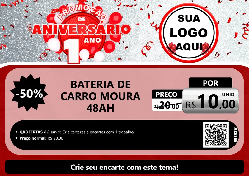 Modelo de Cartaz para Cartaz A4 Horizontal com o tema Promoção de Aniversário - 1 Ano para Baterias Elétricas
