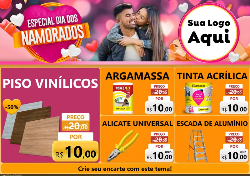 Modelo de Encarte para Encarte A4 Horizontal com o tema Especial Dia dos Namorados para Material para Construção
