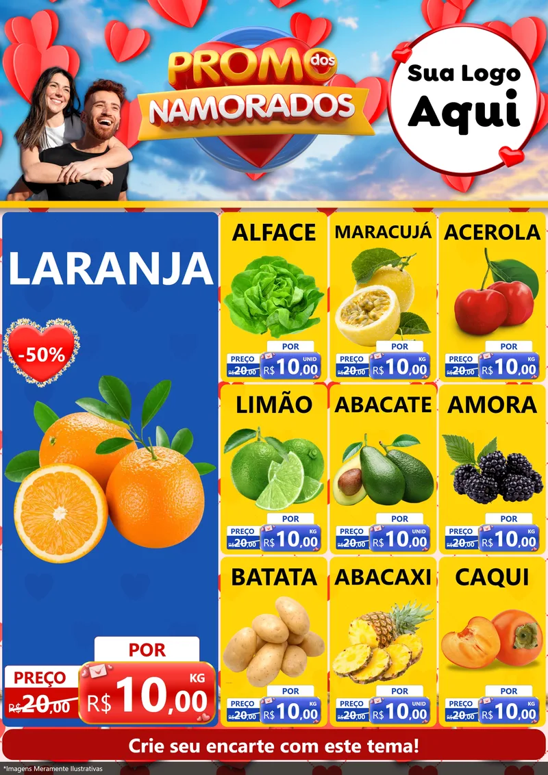 Modelo de Encarte para Encarte A4 Vertical com o tema Promo dos Namorados para Hortifrúti