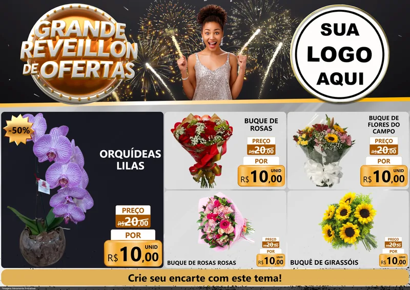 Modelo de Encarte para Encarte A4 Horizontal com o tema Grande Réveillon de Ofertas para Floricultura e jardim