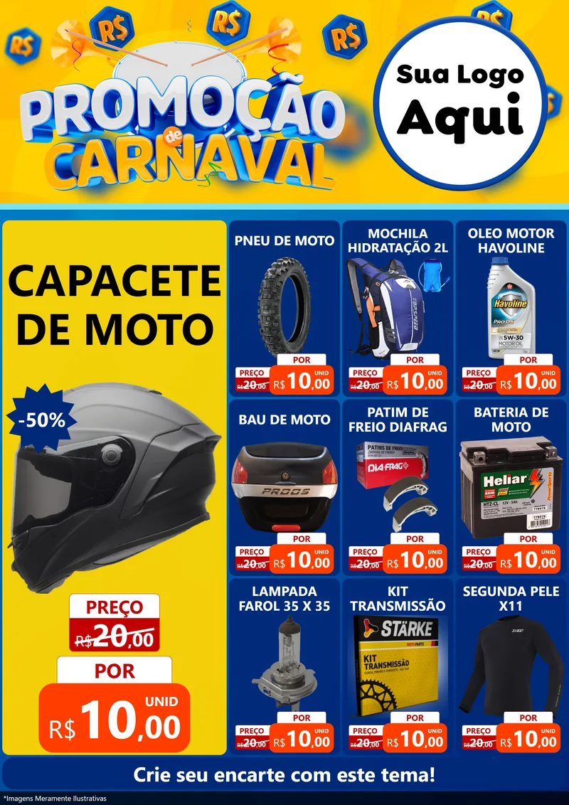 Modelo de Encarte para Encarte A4 Vertical com o tema Promoção de Carnaval para Moto peças