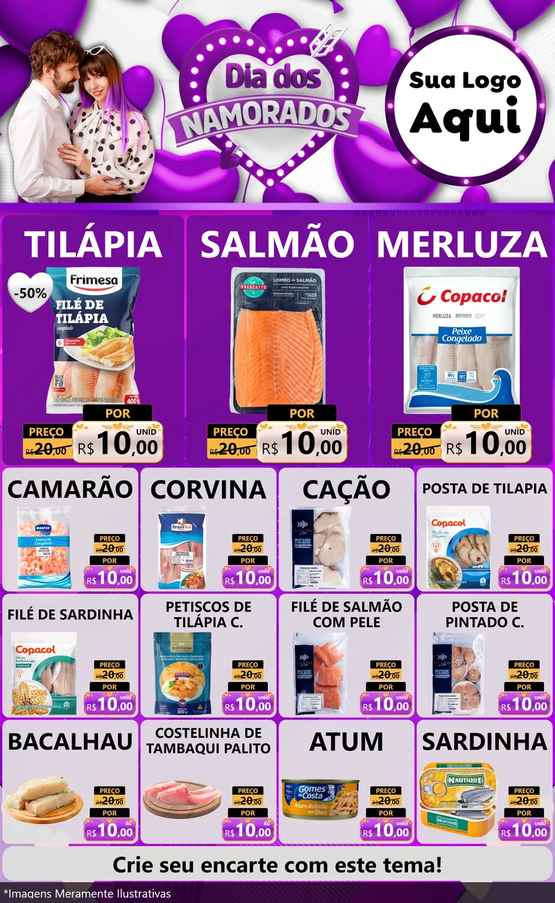 Modelo de Encarte para Encarte Grande com o tema Dia dos Namorados para Peixaria